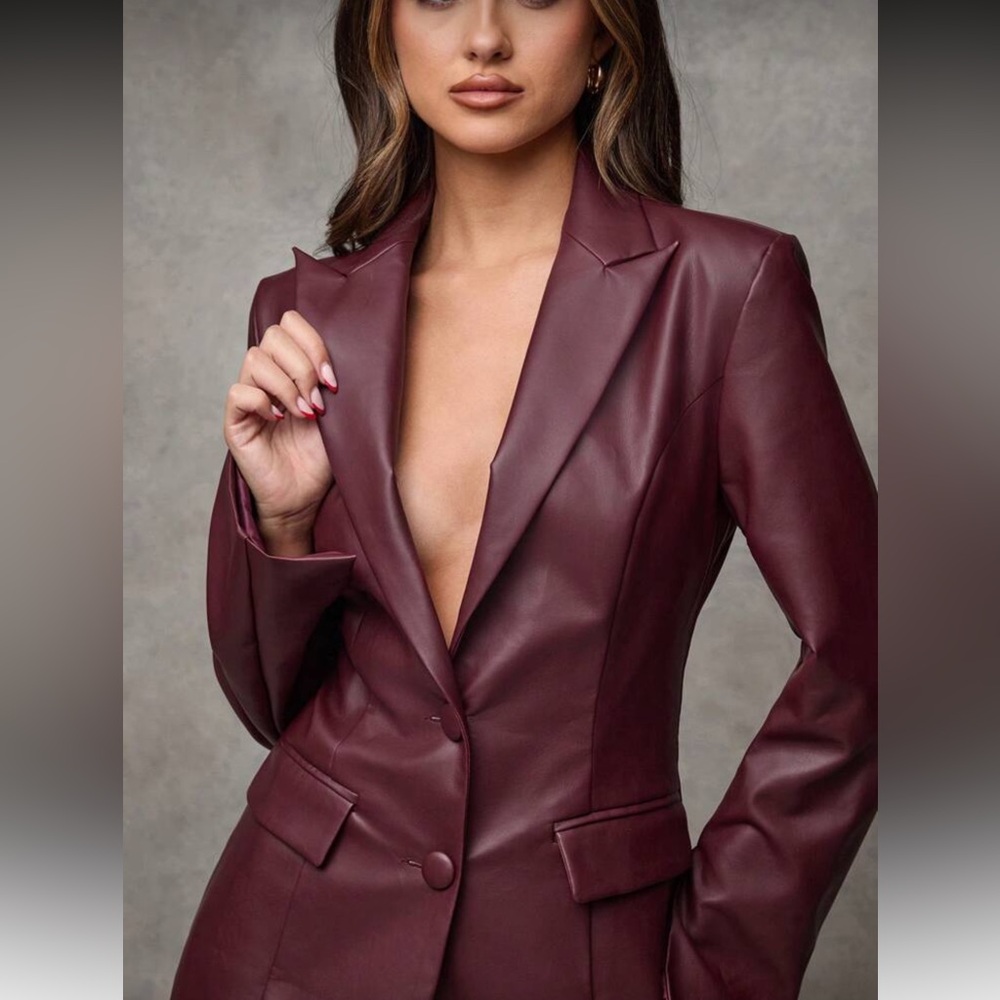Womens Burgundy PU Leather Blazer Jacket